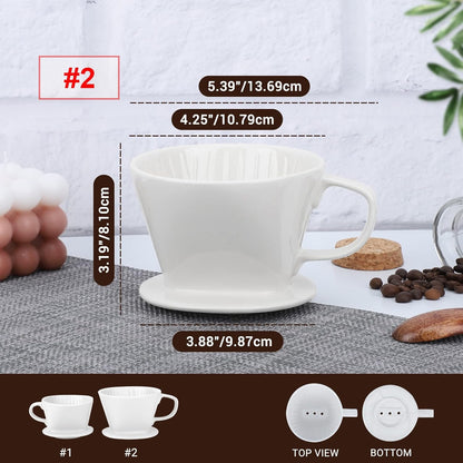 Segarty Pour Over Coffee Maker, Single Cup White Ceramic Coffee Dripper, Size No.2 Reusable Filter Cone Drip Holder Slow Brewer with 3 Holes Flat