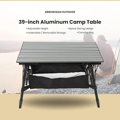 ARROWHEAD OUTDOOR 2-Pack 39" Aluminum Folding Camp Roll Up Table w/Adjustable Height, Undertable Mesh Storage, Carry Bag