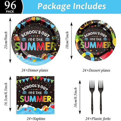 96 Pieces End of School Year Theme Tableware Set for Kids Class Summer Table Decorations Supplies School's Out Dessert Plates Napkins Forks for 24 Guests Tropical Beach Pool Disposable Party Favors