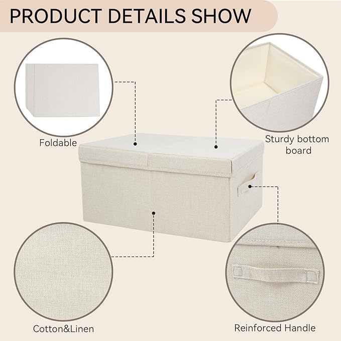 Large Fabric Storage Bins with Lid,Foldable Closet Organizers and Storage Basket,2-Pack Stackable Storage Boxes for Organizing Clothes,Toys,Sheets,18"×11"×8" Beige