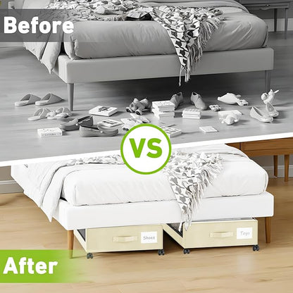 Beborxue Under Bed Storage with Wheels, 4-Pack Under Bed Storage Containers with Clear Lids, XXL 60L Under Bed Shoe Storage Organizer, Rolling Underbed Storage for Clothes, Shoes, Blankets (Beige)