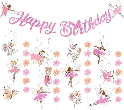 SUNBEAUTY Ballerina Birthday Party Decorations Pink Ballet Girls Happy Birthday Banners Ballet Themed Hanging Banner Flower Garland Wall Ceiling Decor for Girls Tutu Dance Party Supplies