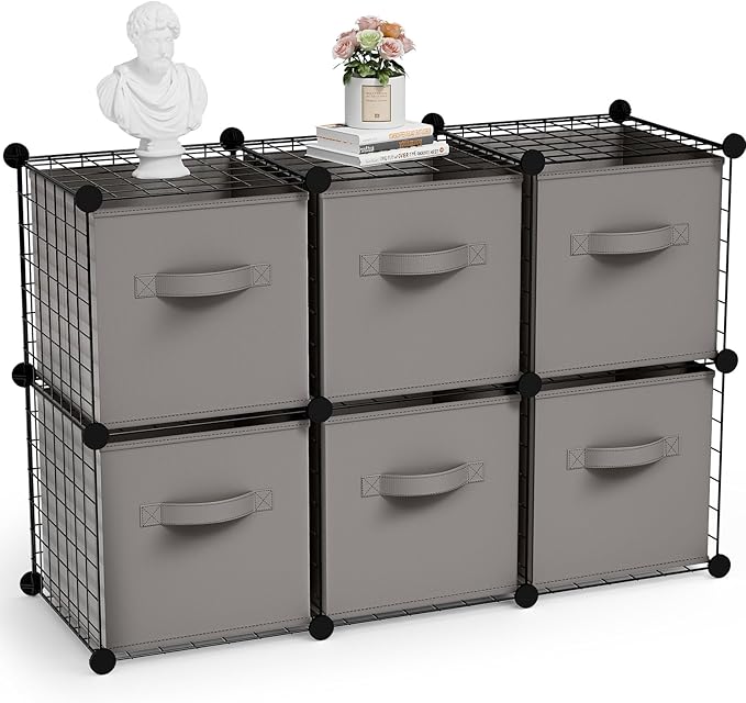 Leinuosen 6 Cube Storage Organizer with Fabric Bins, Wire Grid Stackable Shelves, Modular Storage Units for Bedroom Living Room Office Toys Book Craft(Black,Gray)