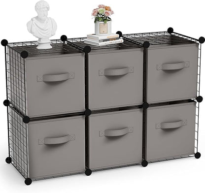 Leinuosen 6 Cube Storage Organizer with Fabric Bins, Wire Grid Stackable Shelves, Modular Storage Units for Bedroom Living Room Office Toys Book Craft(Black,Gray)