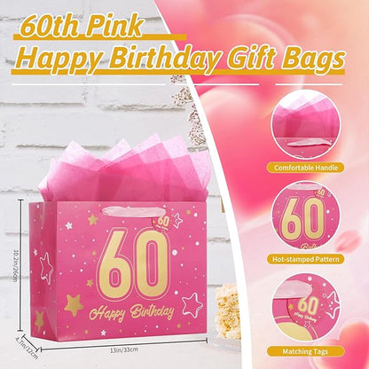 Powbrace 13" Pink 60th Birthday Gift Bag with Tissue Paper and Greeting Card for Party,Happy Birthday Gift Bag for Men Women,Gift Bags Medium size(1 Pink 60th)