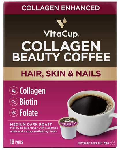 VitaCup Beauty Collagen Coffee Pods for Hair, Skin & Nails, with Biotin & Folate, Medium Dark Roast, Keto Friendly, Recyclable Single Serve Pod Compatible with Keurig K-Cup Brewers,16 Ct