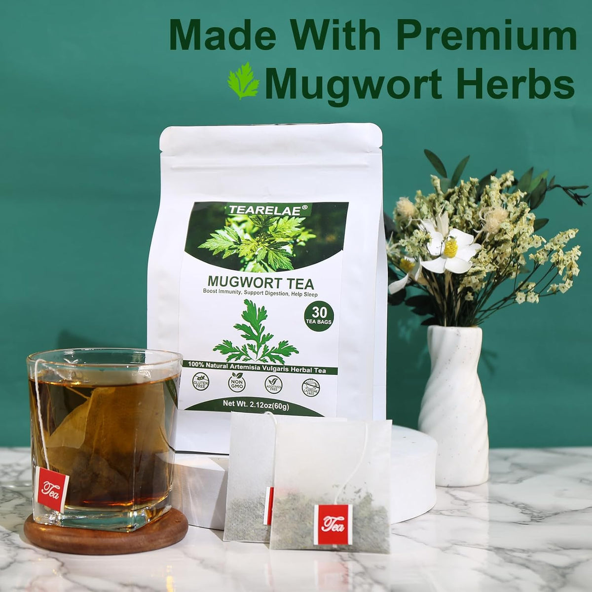 Tearelae - Mugwort Tea - 2g x 30 Count - 100% Pure Natural Dried Herbs - Premium Mugwort Herb Dried - Non-GMO - Sulfur-free