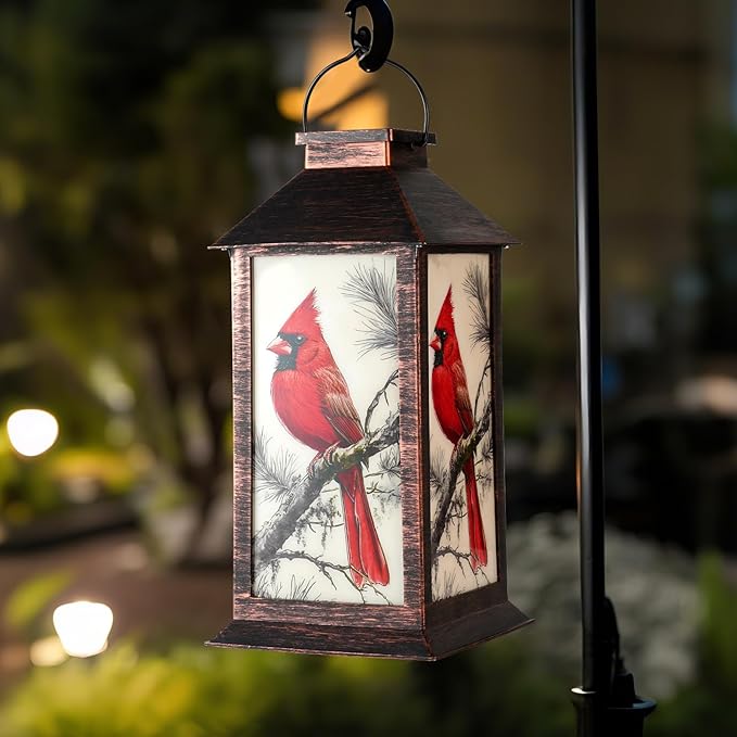 Homemory Hanging Solar Lanterns Outdoor Waterproof, Solar Cardinal Lights with LED Flickering Flameless Candles, Gifts for Women Mom, Outside Lantern Decoration Garden Yard Patio Lawn Porches Park