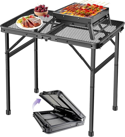BRIAN & DANY Camping Table Folding Grill Table, Small Foldable Table Height Adjustable, Portable Metal Picnic Table for Outdoor, Black, 2x1.3FT