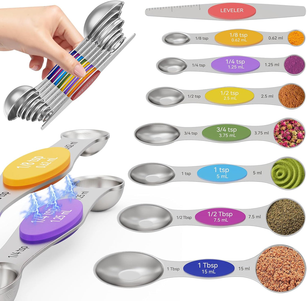 Magnetic Measuring Spoons Set of 8 - Heavy Duty 304 Stainless Steel, Triple Measurement Markings, Strong N52 Magnets, Easy to Clean