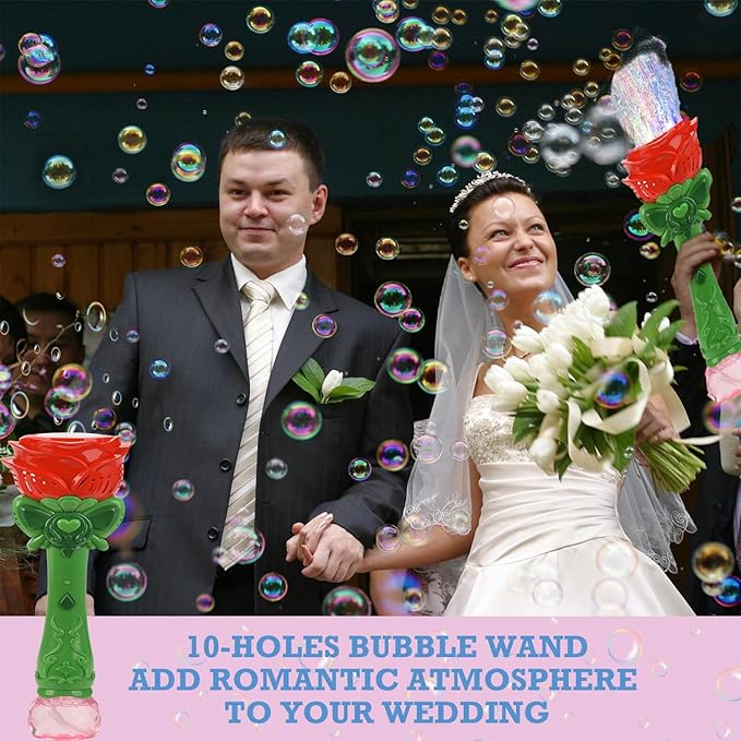 Bubble Wand Wedding Electric Bubble Maker Machine,Blingbrione 10 Holes Auto Bubble Blower Flower Rose Light-up Handheld for 3-16 Kids Girls Adults.Bubble for Party Outdoor, 2 Bubble Solution.