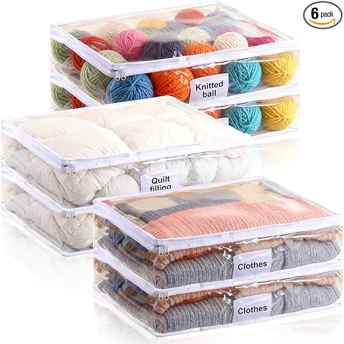 Kifmurase 6Pcs Clear Storage Bags, Plastic Blanket Storage with Zipper, Moving Bags, Closet Organizers for Comforter, Clothes, Blankets, Sweater, Bed Sheet, Bedding (15.7 x 13.8 x 3.9 Inch)