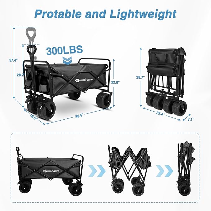 Yesker Foldable Wagon - 300lbs Collapsible Garden Carts with All Terrain Wheels for Outdoor Camping Sports Shopping Gardening - Heavy Duty Portable Utility Trolley (Black)