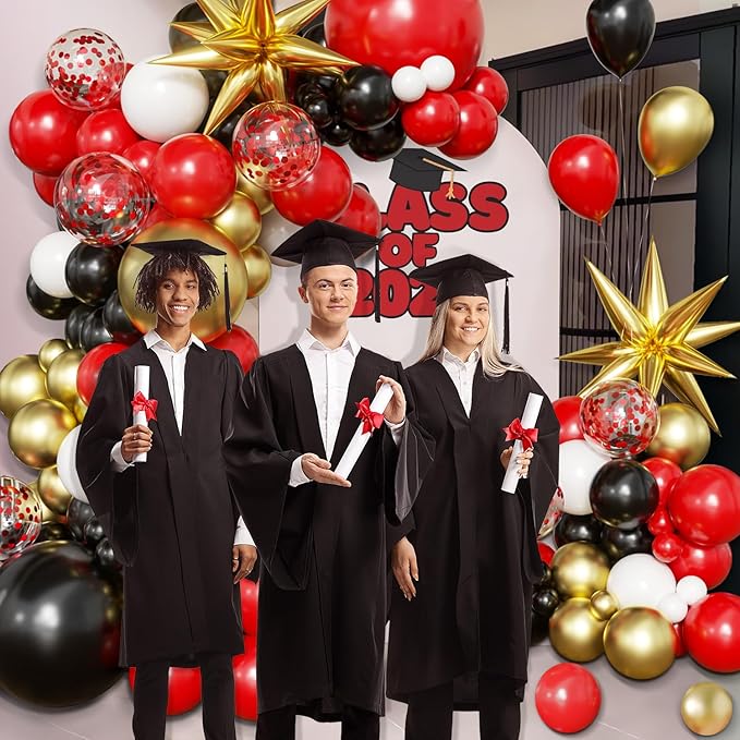 Black Red Gold Balloon Arch Kit Graduation Decorations 2026, 130Pcs Red Gold White Balloons and Foil Star Balloon with Confetti Ribbons Grad Party Decorations for College High School Class of 2026