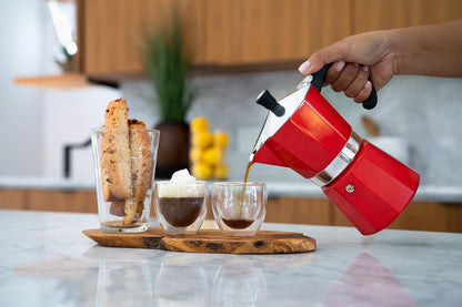 Bellemain Stovetop Espresso Maker | Italian Moka Pot Espresso Maker, Classic Aluminum Design Mocha Pot for Home Brewing & Camping | Easy to Use & Clean - 3-Cup, Red