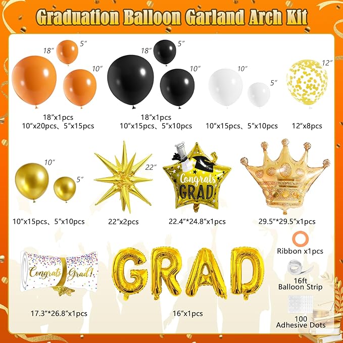 Graduation Balloon Arch Garland Kit Orange Black White Gold Graduation Decorations 2026 for College High School Class of 2026 Grad Party Prom Decor