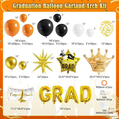 Graduation Balloon Arch Garland Kit Orange Black White Gold Graduation Decorations 2026 for College High School Class of 2026 Grad Party Prom Decor