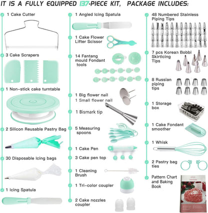Cake Decorating Kit,137pcs Cake Decorating Supplies with Cake Turntable for Decorating,Pastry Piping Bag,Russian Piping Tips Baking Tools, Cake Baking Supplies for Beginners(Green)