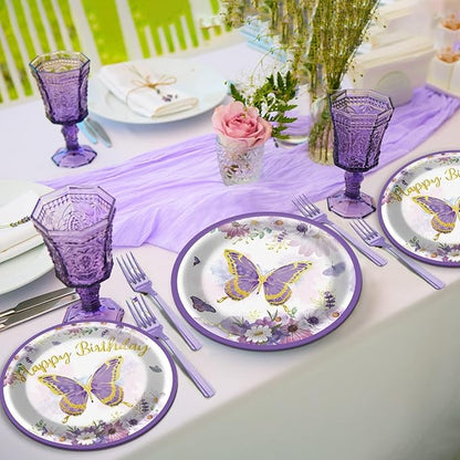 ZOIIWA 96 PCS Purple Butterfly Birthday Party Tableware Set - Butterfly Themed Party Decorations, Plates, Napkins, Forks for Girls, Women, Baby Shower Favors