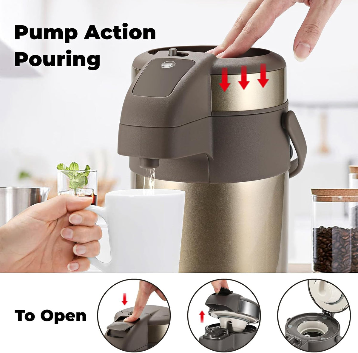 Ojoj 4L/133OZ Thermal Coffee Carafe with Pump, Thermal Beverage Dispenser, Coffee Airpot Stainless Steel Coffee Carafe for Hot Drinks Gold