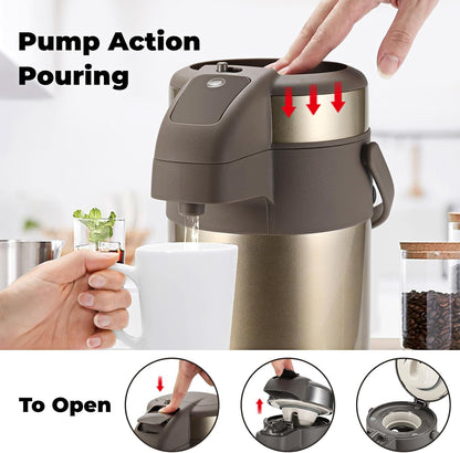 Ojoj 4L/133OZ Thermal Coffee Carafe with Pump, Thermal Beverage Dispenser, Coffee Airpot Stainless Steel Coffee Carafe for Hot Drinks Gold