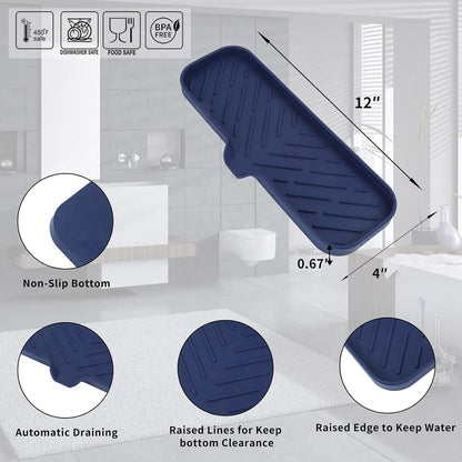 Silicone Bathroom Soap Dishes with Drain Spout-Kitchen Sink Organizer,Sponge Holder,Dish Soap Tray,Perfect for Dispenser,Scrubber,Bottle,Cup on Sink or Counter-Navy Blue 12"×4"