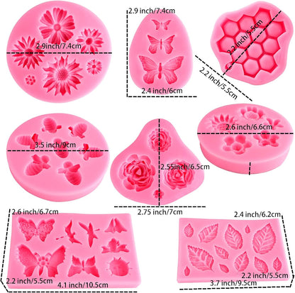 Silicone Mold Flower 8pcs Chocolate Fondant Polymer Clay Candy Gummy Mold,Rose Leaf Butterfly Bee Honey Shaped Silicone Molds for DIY Cake Cupcake