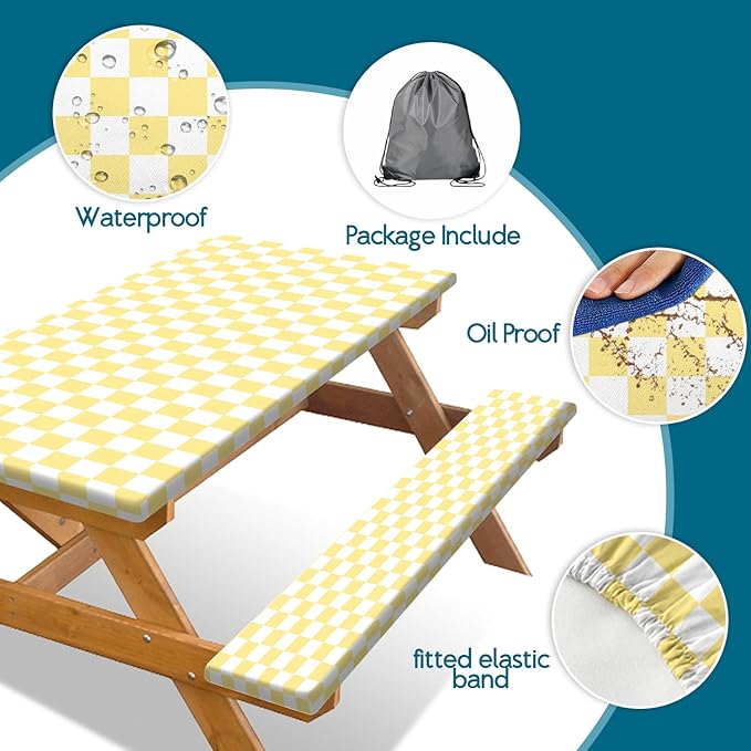 Picnic Table Cover with Bench Covers and Bag, Yellow White Checkered Gingham Buffalo Plaid Camping Tablecloth Waterproof Windproof Elastic Edges Fitted Tablecloths for Outdoor Garden 3PCS 30x60 Inch