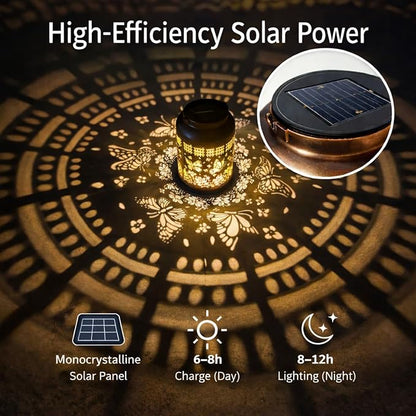 Solar Lanterns Outdoor Waterproof - Retro Metal Hanging Solar Lights with Butterfly Pattern on Bottom, Decorative Garden Decor for Outside Tree Porch Yard, Unique Birthday Gifts for Women Mom Grandma