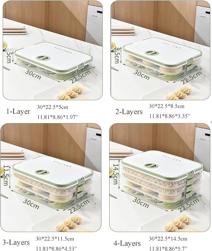 Dumplings Storage with 4 Layers, Stackable with Buckle, Lid & Handle for Cookies Wonton Donuts Box Organizer For Fridge, White-Green