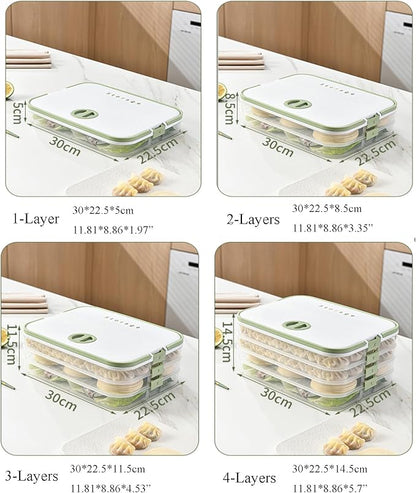 Dumplings Storage with 4 Layers, Stackable with Buckle, Lid & Handle for Cookies Wonton Donuts Box Organizer For Fridge, White-Green