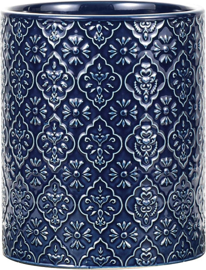 Kitchen Utensil Holder, 6x7 inch Large Ceramic Utensil Holder with Embossed Pattern, Cooking Utensil Crocks for Kitchen Countertop, Home Decor, Blue