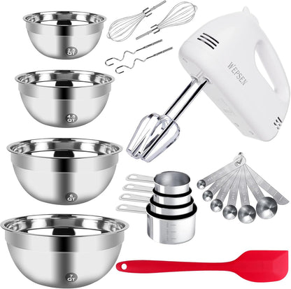 5-Speed Electric Hand Mixer, 4 Large Mixing Bowls Set, Handheld Mixers with Whisks Beater