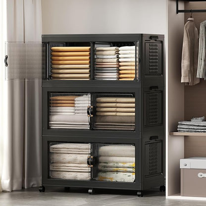 SAILUN 145Gal/579Qt Stackable Storage Bins Folding Collapsible Storage Bins with Lid, Closet Organizers and Storage Box with Door Black 33.5" W x 19" D x 53" H