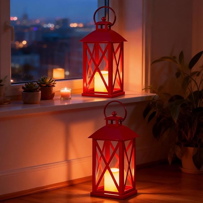 Decorative Lanterns Outdoor Candle Lantern 13.5" Waterproof Battery Powered LED Hanging Lanterns with Flameless Candle for Front Porch, Entrance, Indoor, 2 Pack
