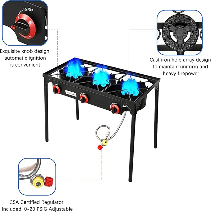 Vivicreate 3 Burner High pressure Propane Stove, 28 Inch Tall Camping Stove with cast iron burner 105000 BTU power, Stable Legs for Outdoor Use