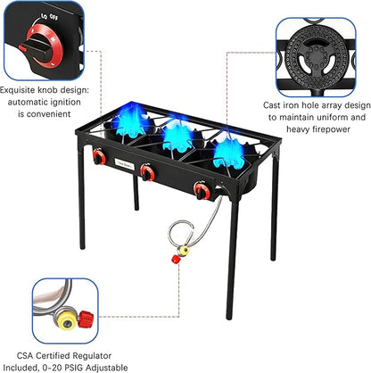 Vivicreate 3 Burner High pressure Propane Stove, 28 Inch Tall Camping Stove with cast iron burner 105000 BTU power, Stable Legs for Outdoor Use