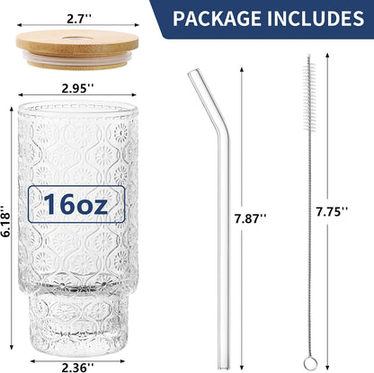 16 Oz Glass Cups with Lid and Straw, Vintage Embossed Floral Glass Tumbler, Iced Coffee Cups for Whiskey Cocktail Beer (1 Pack)