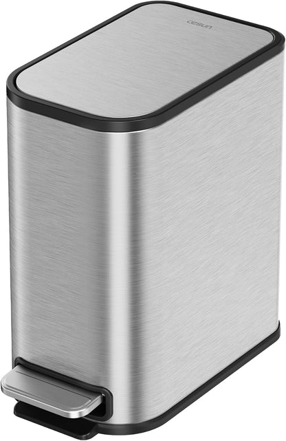 Cesun Small Bathroom Trash Can with Lid Soft Close, Step Pedal, 5 Liter / 1.3 Gallon Stainless Steel Garbage Can with Removable Inner Bucket, Waste Basket for Bathroom, Bedroom (Silver)
