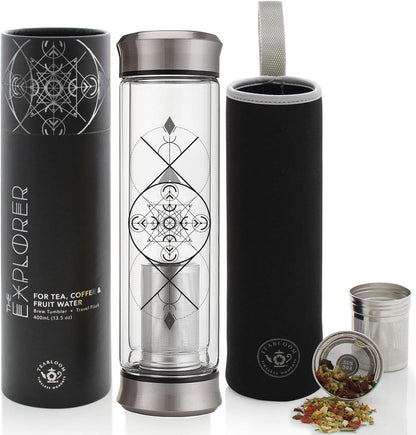 Teabloom All-Beverage Infusion Bottle – 14 oz / 400 ml – Double Wall Insulated Glass Travel Flask – Hot Tea & Cold Brew Coffee Thermos