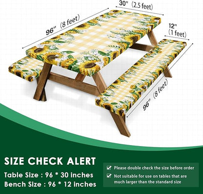 Picnic Table Cover with Bench Covers Elastic Edges, Yellow Fitted Table Cover, Outdoor Patio Camping Essentials 96 Inch 3PCS, Waterproof Camping Fitted Tablecloth with Drawstring Bag