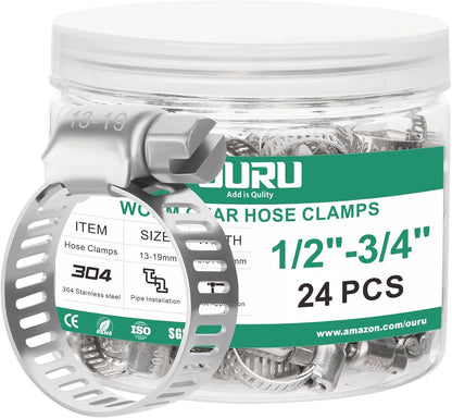 OURU 24PCS Hose Clamps Stainless Steel Adjustable 1/2"-3/4"(13-19mm) | Heavy Duty, Rust Resistant, Worm Gear Small Hose Clamp, Automotive, Pipe, Radiator Plumbing, Fuel Line