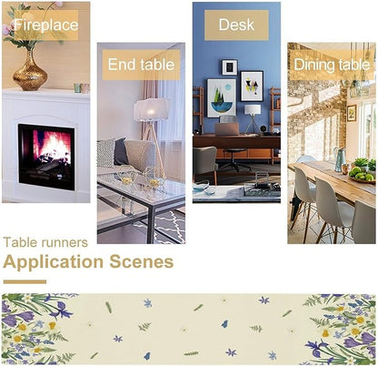 Wildflowers Table Runner,Spring Purple Floral Summer Seasons Daisy Flower Print Kitchen Dining Table Decoration for Home Farmhouse Party 13x90in