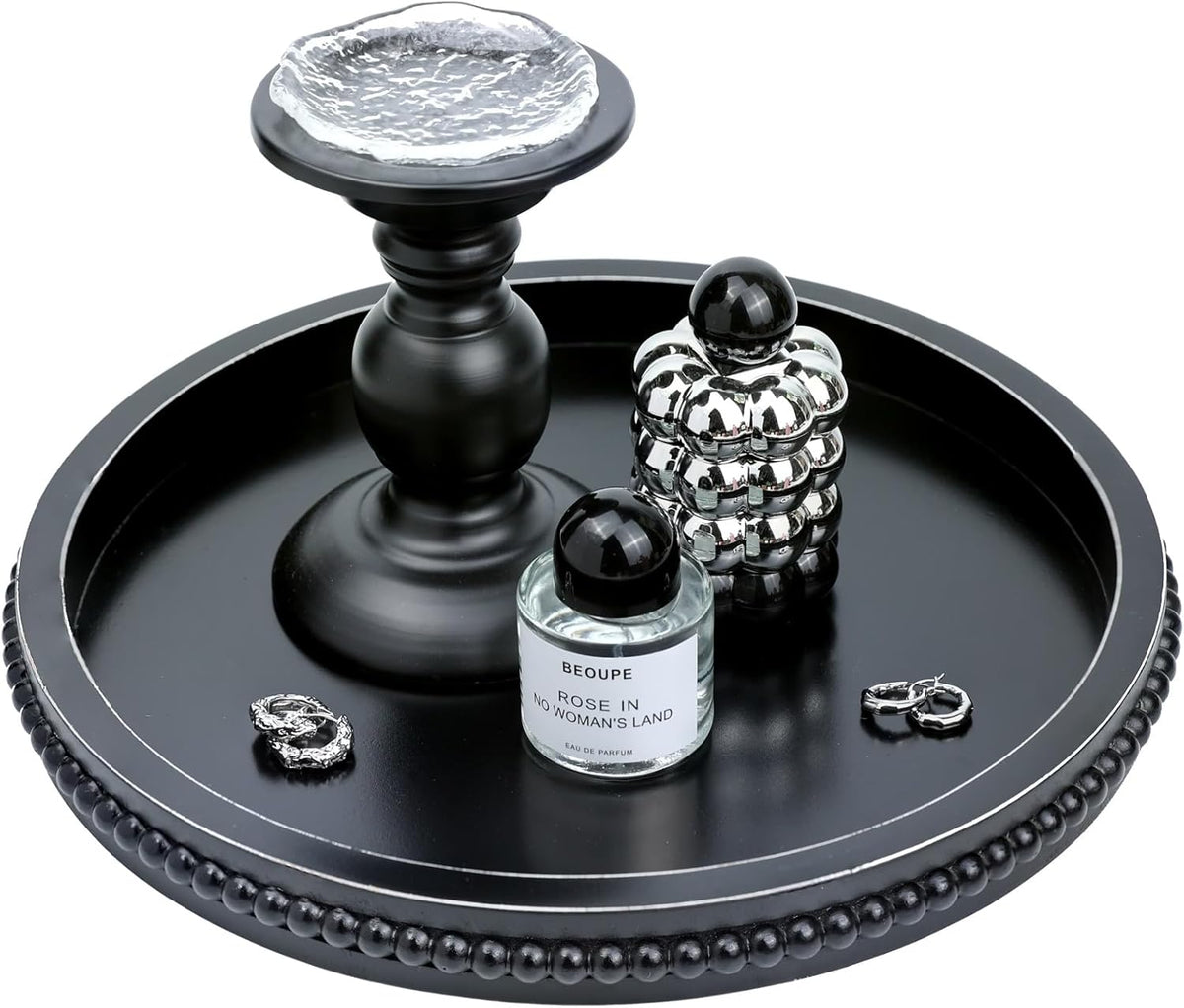 Round Black Wood Serving Tray with Beads, Wooden Decorative Tray for Entertaining, Decoration, and Gifting