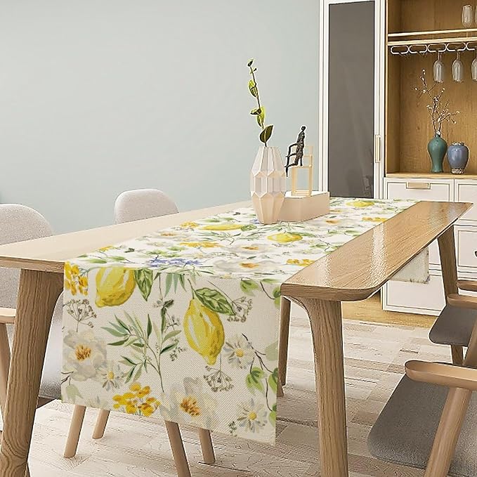 Vintage Lemon Blossom Table Runner Seasonal Spring Summer Floral Farmhouse Dining Table Decoration for Home Holiday Party Dresser Kitchen Cabin Restaurant Wedding Decor 13×70in