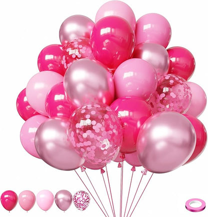 Pink Balloons, 60Pcs Hot Pink Balloons, Pink Metallic Balloons with 12in for Girls Women Baby Shower Valentine's Day Wedding Birthday Party Decoration