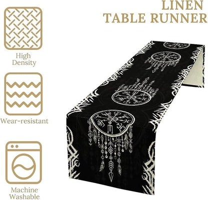 Viking Table Runner, Nordic Ancient Mythical Runes Print Table Runner for Home Dining Kitchen Coffee Table Party 13x108in
