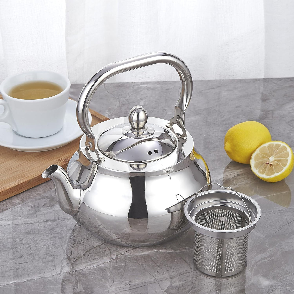 Sanqiahome Stainless Steel Teapot With Removeable Infuser 71 oz (2000ml) Thickened Mirror Polished Stovetop Tea Maker for Herbal and Infusion