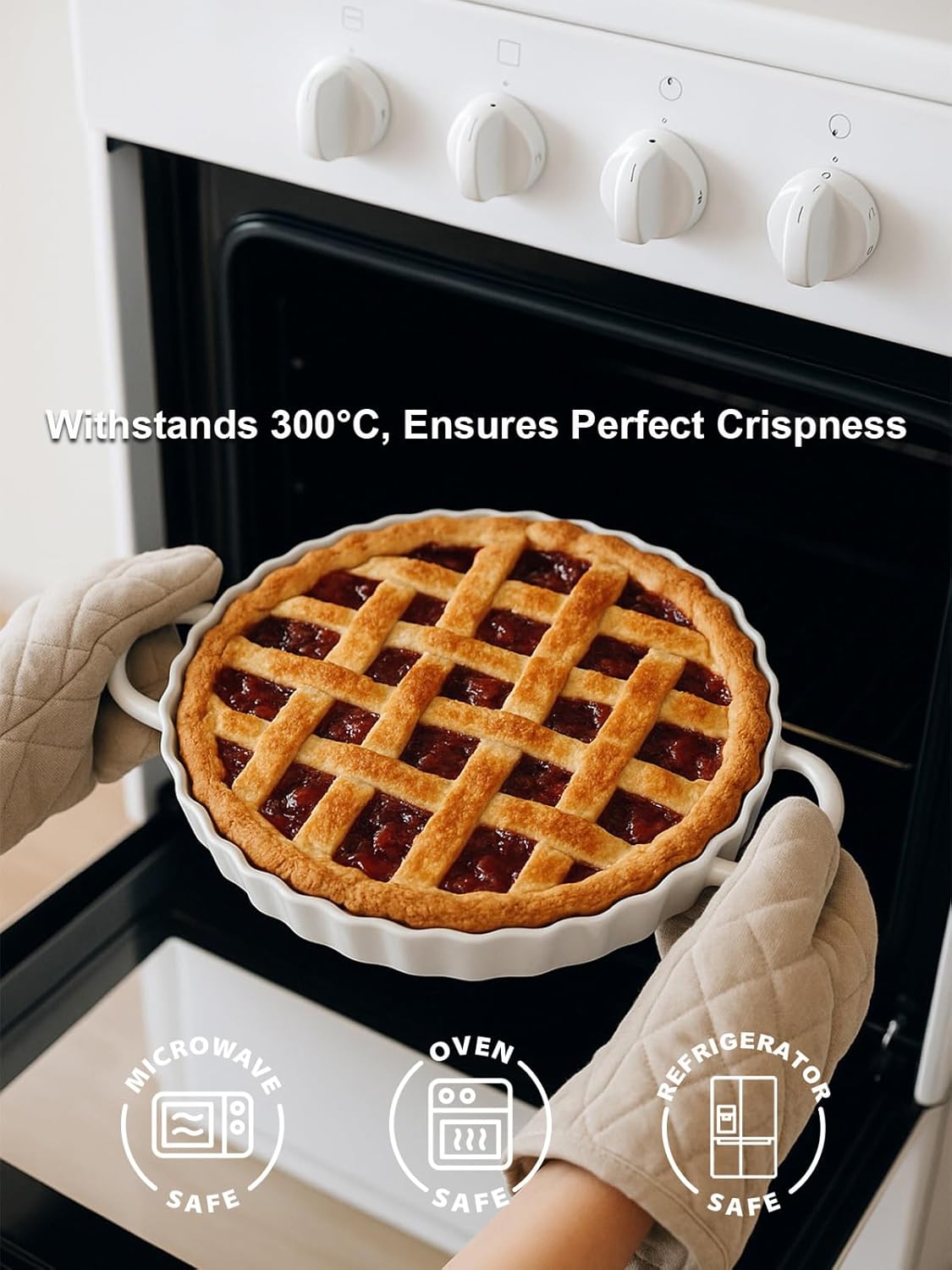 10×2in Deep Ceramic Pie Pan with Handles for Pie Quiche Tart Baking. Easy to grip, Lead-Free