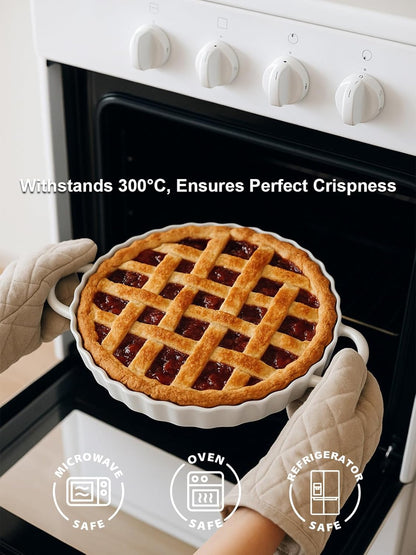 10×2in Deep Ceramic Pie Pan with Handles for Pie Quiche Tart Baking. Easy to grip, Lead-Free
